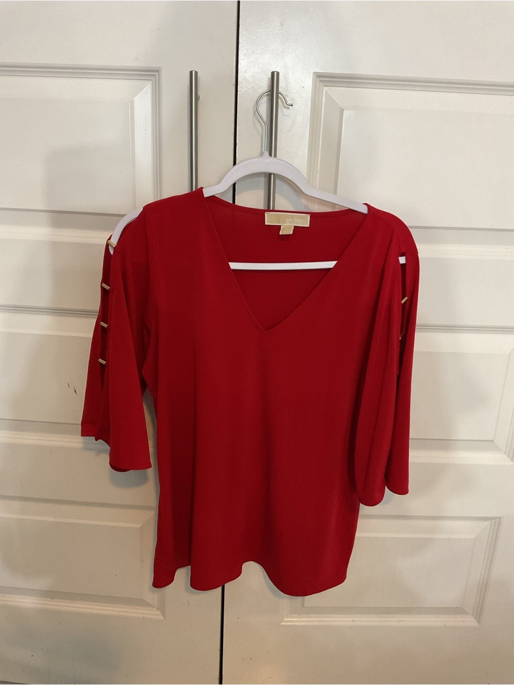 MICHAEL Michael Kors Crimson V-Neck Top with Gold Bar Sleeve Detail